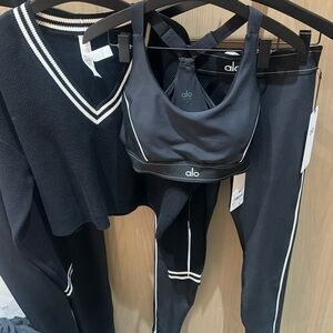 Alo Yoga Black 3-Piece Matching Set | Leggings, Sports Bra & Knit Top